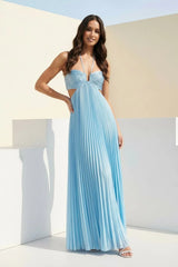 Sky Blue Halter Pleated Satin A Line Prom Dresses With Cutout