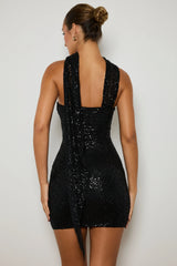 Embellished Scarf-Detail Mini Dress in Black